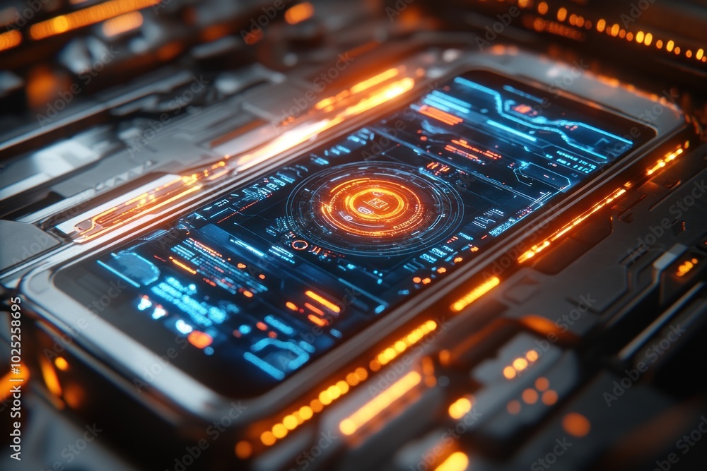 A futuristic smartphone with a glowing screen and a circular interface, set against a background of intricate circuitry. A futuristic smartphone with a glowing screen and a circular interface, set against a background of intricate circuitry.