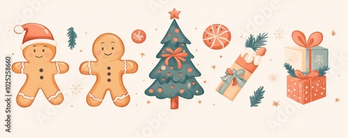 Festive Christmas-themed icon set with gingerbread people, decorated Christmas tree, gifts and candy