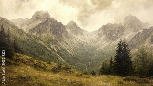 Mixed media image of an alpine landscape. 