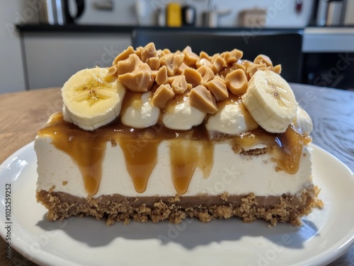 Delicious banana cake on table top view. Banana cheesecake.