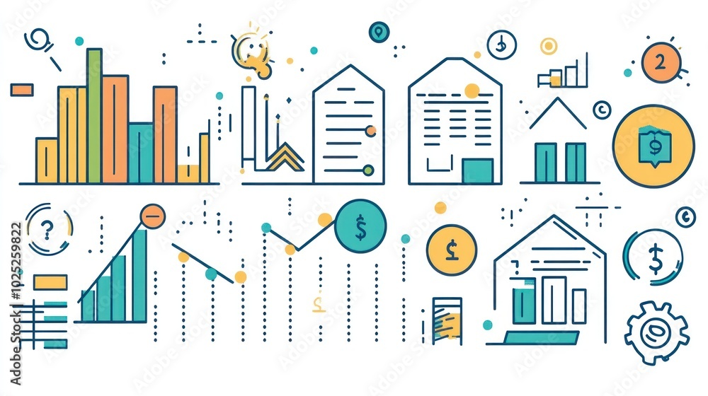 Obraz premium A colorful line art illustration depicting various business related concepts such as charts, graphs, money and finance, document, growth and more.