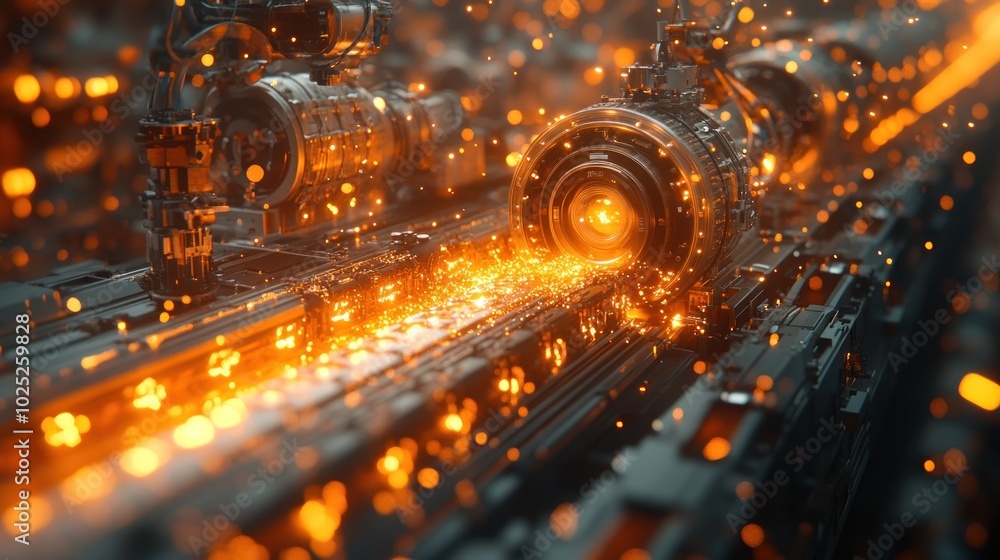 Futuristic machinery with glowing orange sparks. Futuristic machinery with glowing orange sparks.