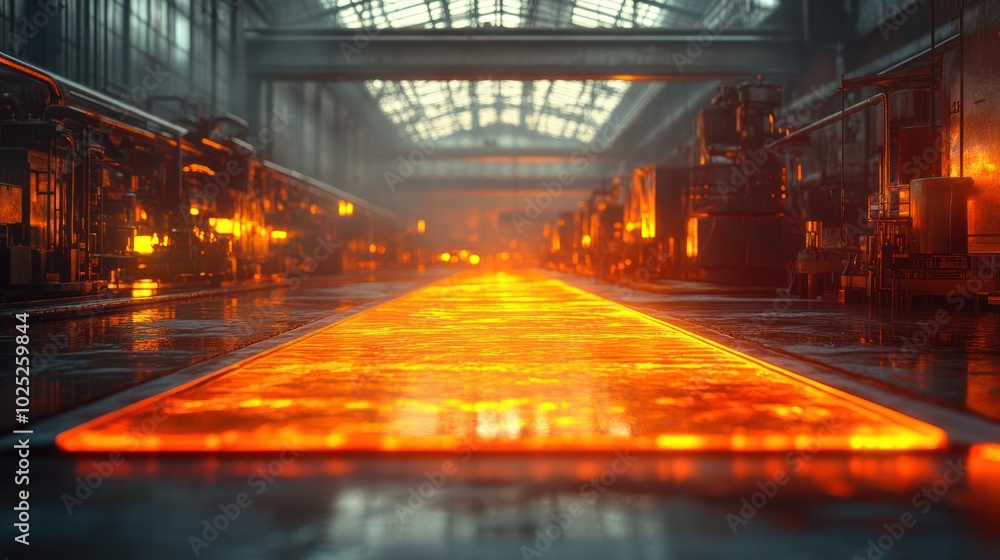 A long, glowing, red-hot metal path in a dark industrial factory setting. A long, glowing, red-hot metal path in a dark industrial factory setting.