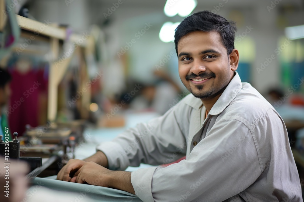 Indian male garment factory worker focuses on work at table. Gray shirt, white tablecloth, machine in background. Factory workers blurred in background. Indian male garment factory worker focuses on work at table. Gray shirt, white tablecloth, machine in background. Factory workers blurred in background.