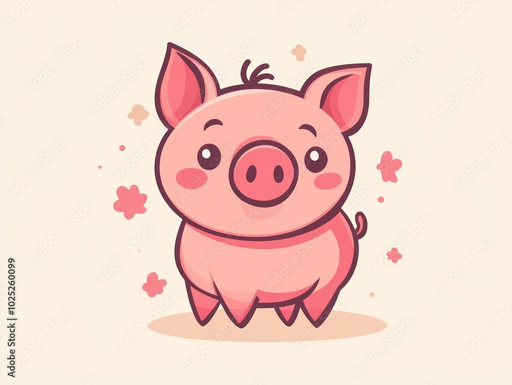 Cute cartoon pig illustration with pink color and simple design, suitable for children's book, greeting cards, or any other design project. Cute cartoon pig illustration with pink color and simple design, suitable for children's book, greeting cards, or any other design project.