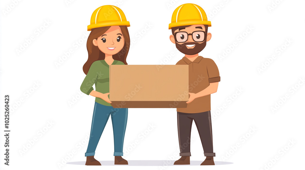 Happy Construction Workers Holding Cardboard Box Happy Construction Workers Holding Cardboard Box