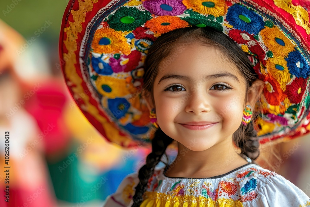Fototapeta premium Young Girl Wearing Traditional Mexican Dress and Hat
