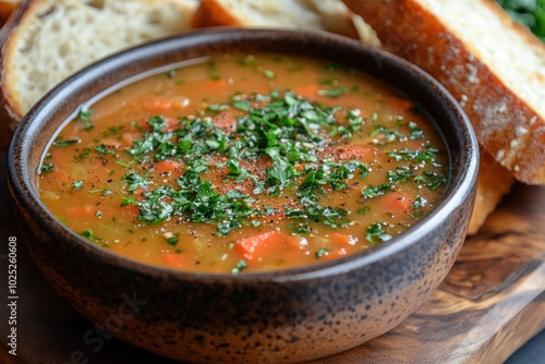 A bowl of tomato soup with fresh parsley and black pepper on top, served with crusty bread.