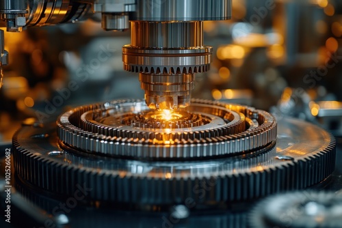 Close-up of a machine with a glowing metal part, gears and cogs visible.