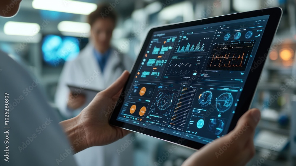 A doctor holds a tablet displaying medical data, a colleague in the background. A doctor holds a tablet displaying medical data, a colleague in the background.