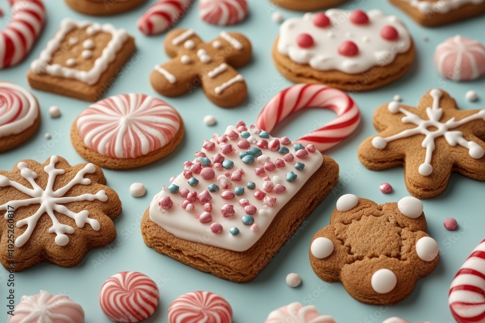 A close-up of a variety of Christmas cookies, including gingerbread men, snowflakes, and candy canes, on a blue background. A close-up of a variety of Christmas cookies, including gingerbread men, snowflakes, and candy canes, on a blue background.