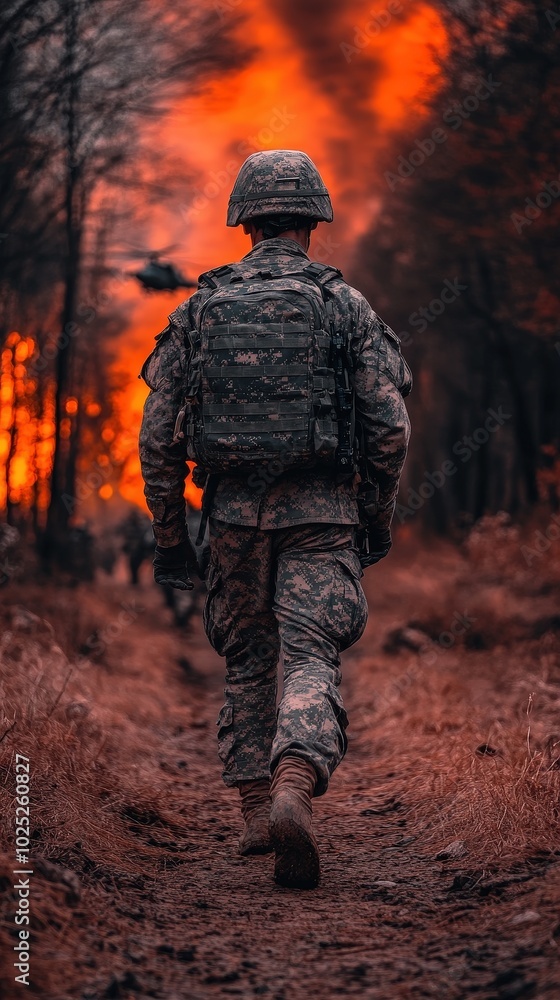 soldier walking in a forest fire soldier walking in a forest fire