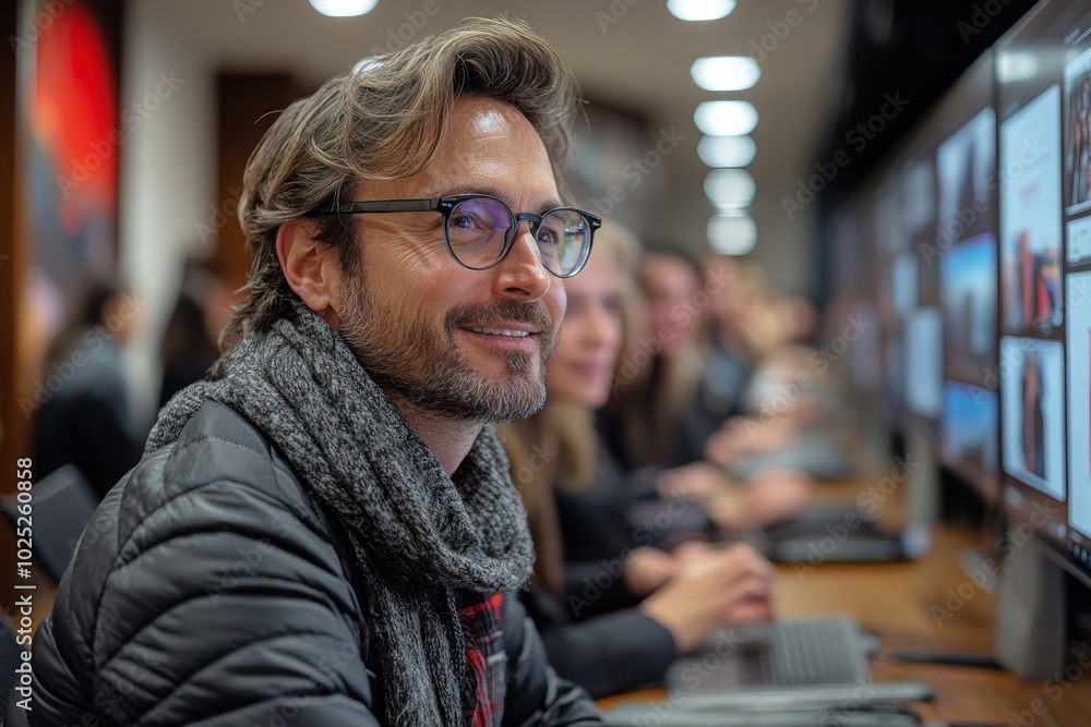 A man with a beard and glasses smiles while sitting in front of a computer screen in an office. A man with a beard and glasses smiles while sitting in front of a computer screen in an office.