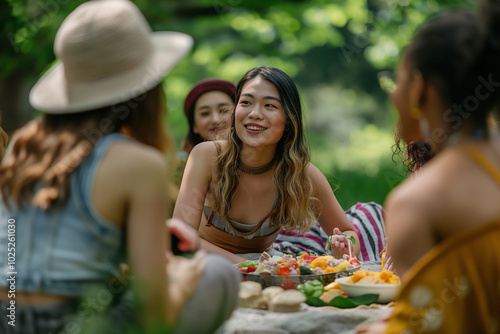 A diverse group of friends having fun while enjoying a picnic in the park