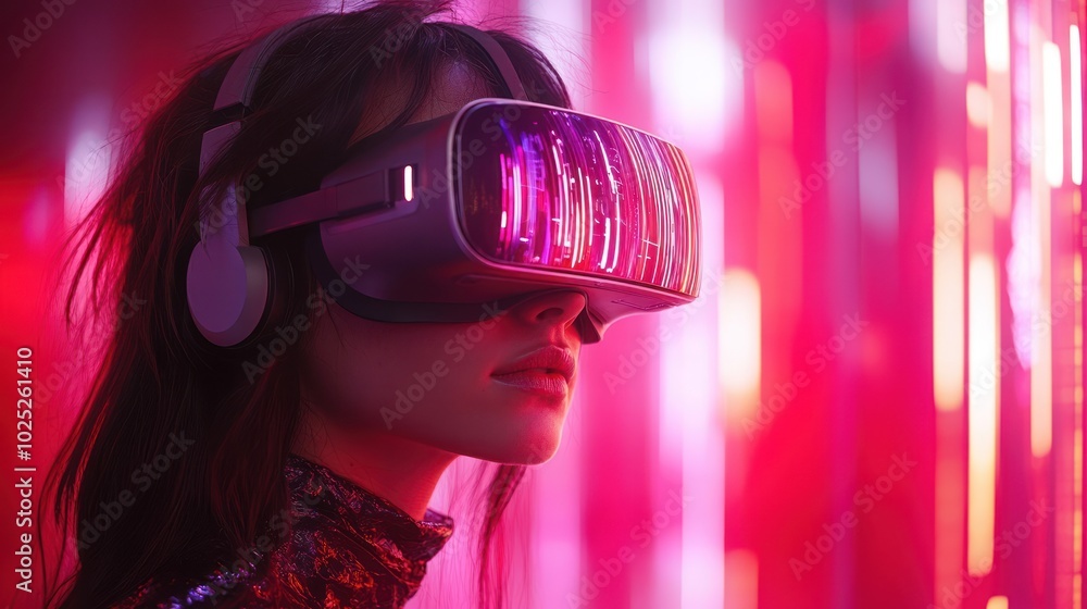 A young woman wearing a VR headset, her face illuminated by pink neon lights, stands in front of a wall of vertical lines. A young woman wearing a VR headset, her face illuminated by pink neon lights, stands in front of a wall of vertical lines.