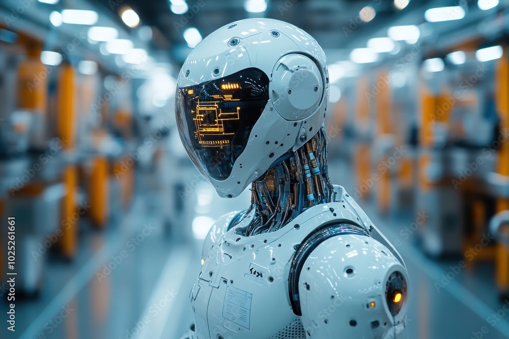 A futuristic humanoid robot with a white and silver body, stands in a factory setting, looking at the camera with a blank expression. The robot has a clear visor and glowing yellow lights. A futuristic humanoid robot with a white and silver body, stands in a factory setting, looking at the camera with a blank expression. The robot has a clear visor and glowing yellow lights.