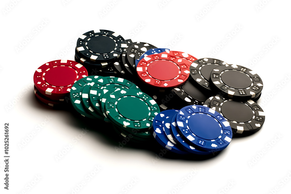 Colorful casino poker chips stacked on top of each other, white isolate background. Colorful casino poker chips stacked on top of each other, white isolate background.