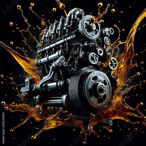 The engine's gone out of control – it’s blown out the oil. Engine components with oil splash, mechanical parts and lubrication concept