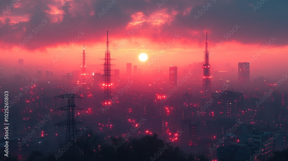 A futuristic city skyline at sunset, bathed in a crimson glow. The city is illuminated by a multitude of glowing lights, creating a mesmerizing and otherworldly scene.