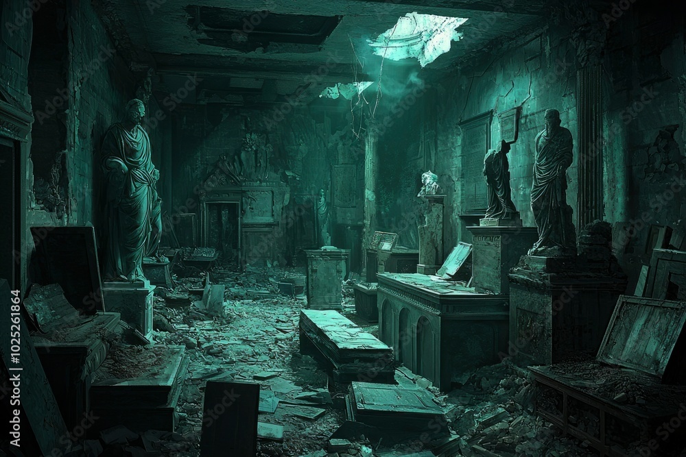 A Destroyed Interior with Statues and Rubble A Destroyed Interior with Statues and Rubble