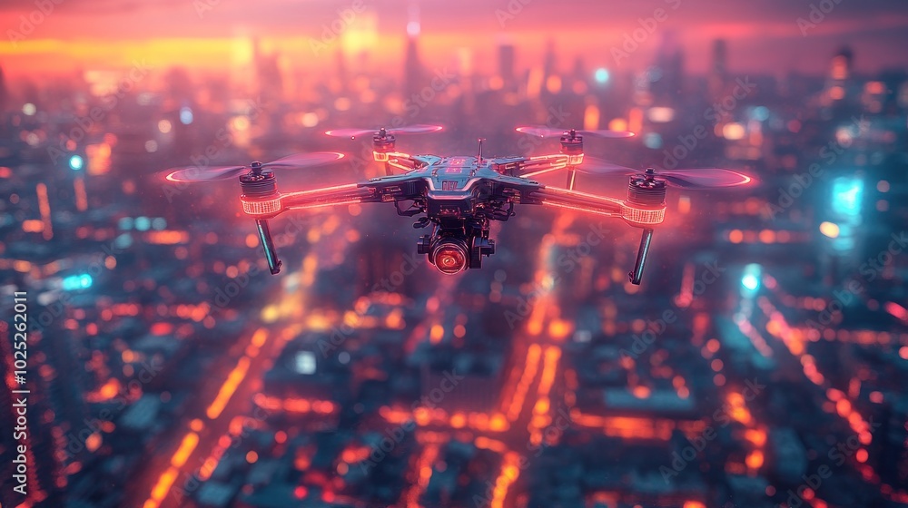 A drone flies over a futuristic city at night. The drone is lit up with red lights, and the city below is also illuminated with red and blue lights. A drone flies over a futuristic city at night. The drone is lit up with red lights, and the city below is also illuminated with red and blue lights.
