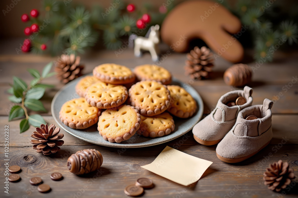 Traditional Saint Nicholas Cookies and Baby Shoes with Holiday Decorations Traditional Saint Nicholas Cookies and Baby Shoes with Holiday Decorations
