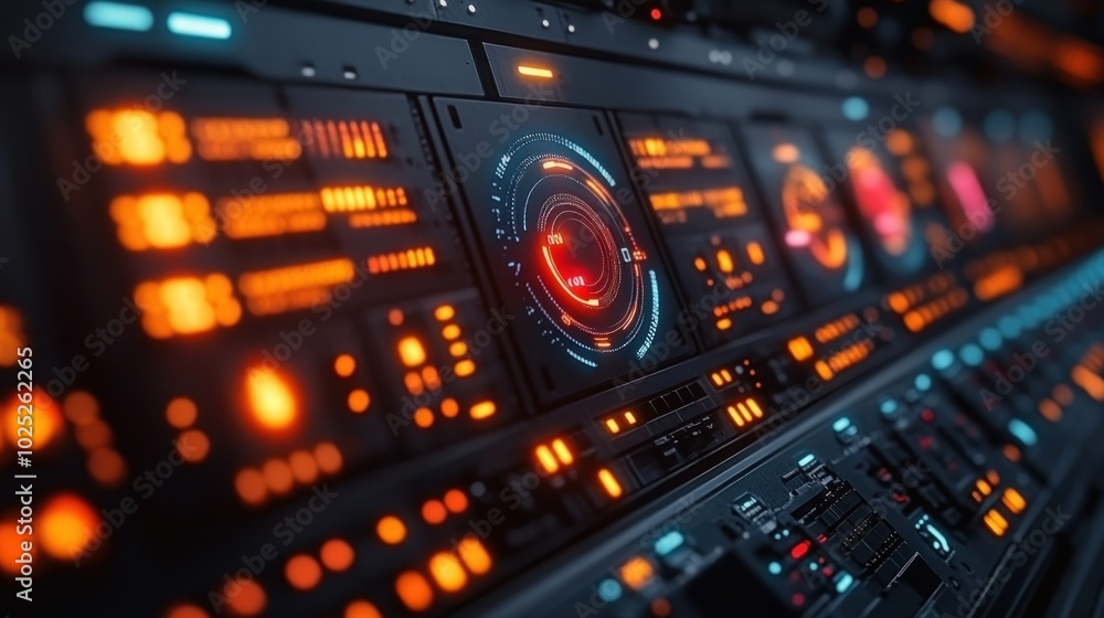 Close-up view of a futuristic control panel with glowing orange and blue lights, dials, and buttons. Close-up view of a futuristic control panel with glowing orange and blue lights, dials, and buttons.