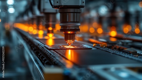 Close-up of automated robotic arms working on an assembly line in a factory.