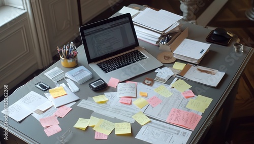 A Top View of an Office Desk with Laptops, Post-it Notes, and Other Work Tools Scattered Across It