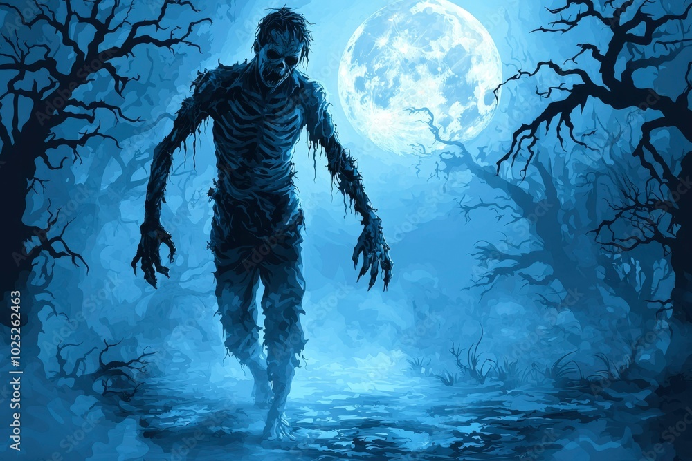 A Decaying Zombie Stumbles Through a Spooky Forest Under a Full Moon A Decaying Zombie Stumbles Through a Spooky Forest Under a Full Moon