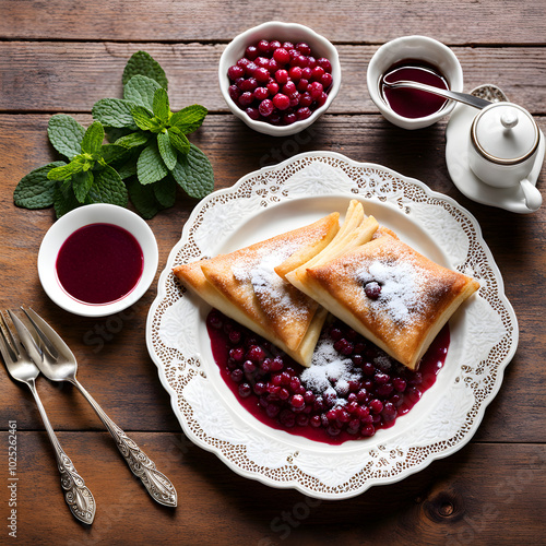 The Swedish pancakes in the image appear thin and evenly cooked, showcasing skilled technique in achieving their signature lacy edges. Rolled or folded, their presentation is carefully arranged on a c photo