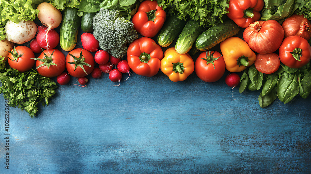 A blue wooden table with an empty center, bordered by fresh vegetables and greens. The selection includes tomatoes, cucumbers, bell peppers, radishes, spinach, lettuce, parsley, and basil A blue wooden table with an empty center, bordered by fresh vegetables and greens. The selection includes tomatoes, cucumbers, bell peppers, radishes, spinach, lettuce, parsley, and basil