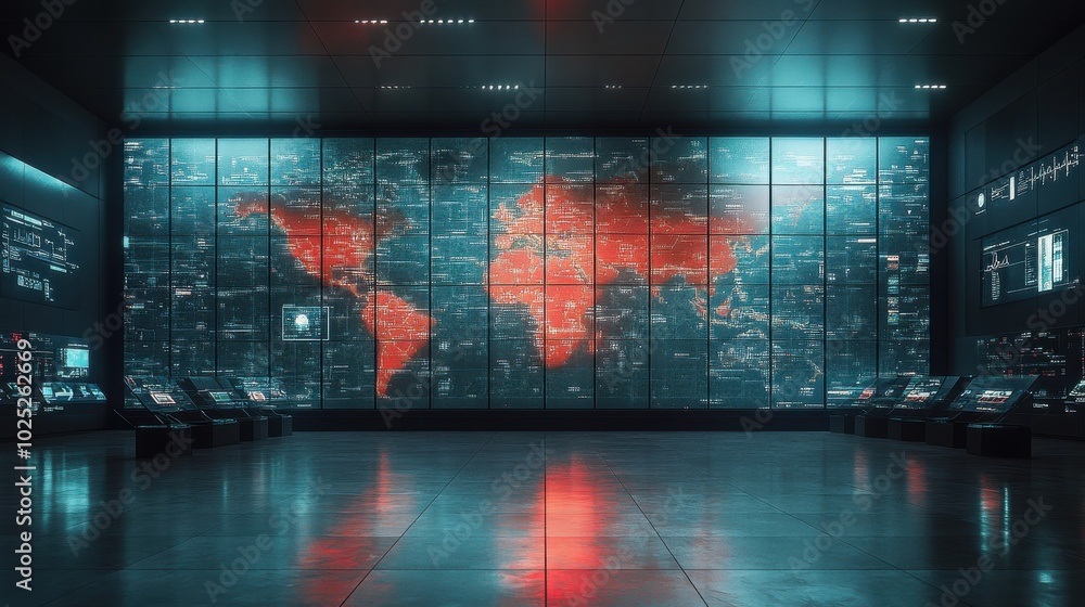 A futuristic control center brimming with monitors shows a vivid red world map, highlighting global data in a dimly lit, high-tech environment. A futuristic control center brimming with monitors shows a vivid red world map, highlighting global data in a dimly lit, high-tech environment.