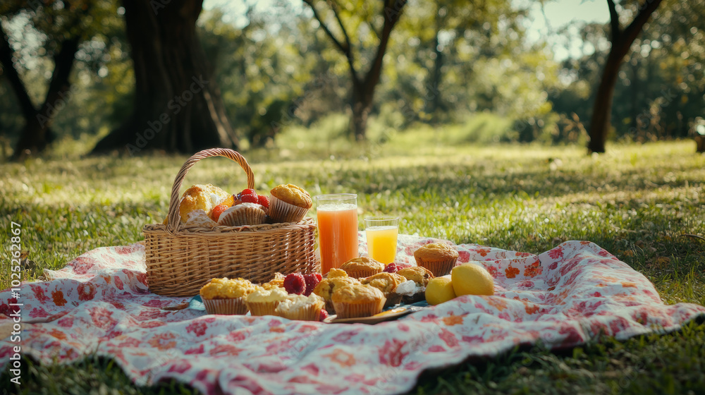 A picnic blanket spread out in a sunny park, adorned with a basket filled with different muffins, fruits, and drinks. A picnic blanket spread out in a sunny park, adorned with a basket filled with different muffins, fruits, and drinks.