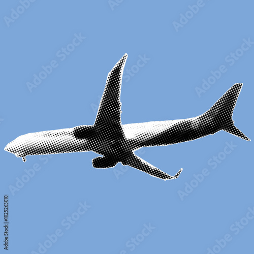 Close up of passenger airplane pixelate grayscale color halftone dotted texture style collage element isolated on blue background