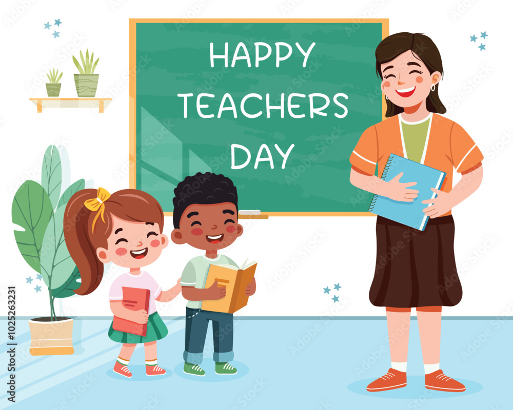 Smiling international student and teacher standing in front of blackboard in classroom. Back to school concept. Vector illustration in flat cartoon style Smiling international student and teacher standing in front of blackboard in classroom. Back to school concept. Vector illustration in flat cartoon style