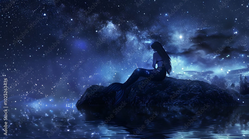 Mermaid sitting on a rock under a starry sky Mermaid sitting on a rock under a starry sky