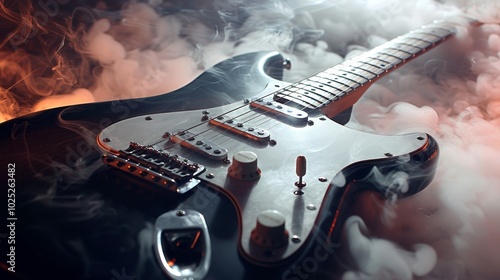 A black electric guitar with a white pickguard is covered in smoke photo