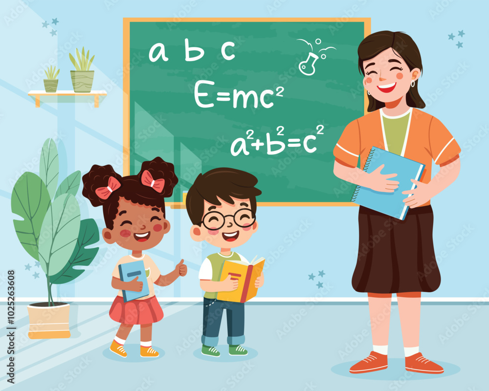 Smiling international student and teacher standing in front of blackboard in classroom. Back to school concept. Vector illustration in flat cartoon style