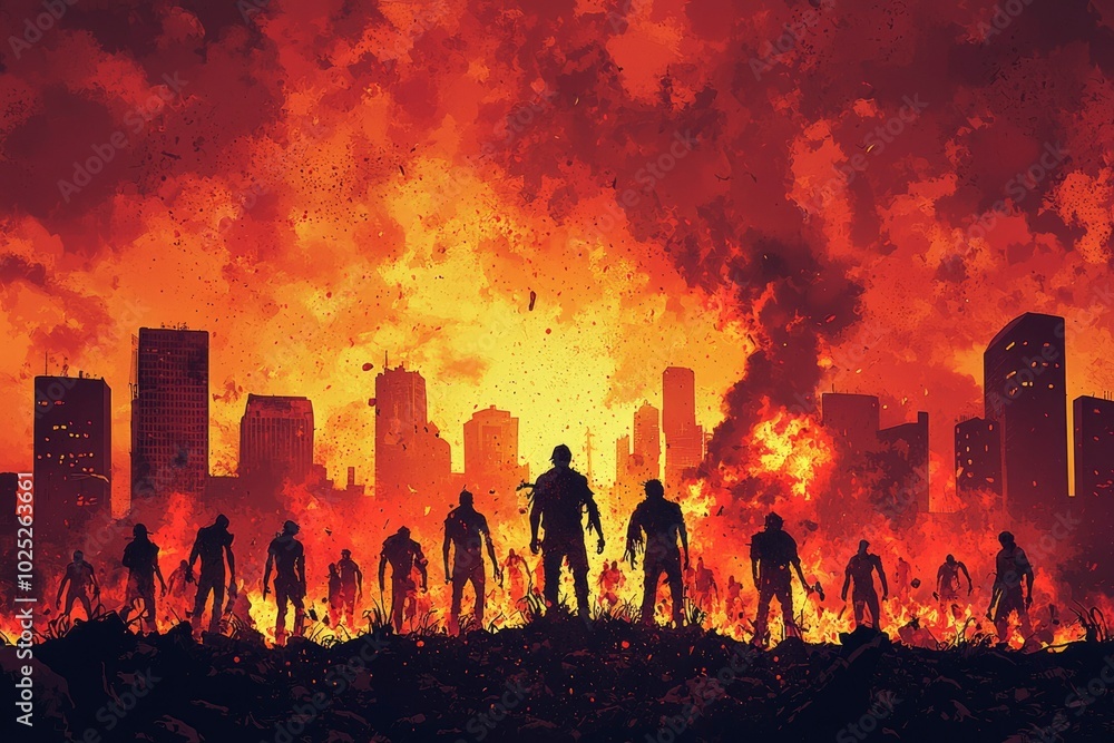 Silhouetted figures walking through fire towards a burning cityscape Silhouetted figures walking through fire towards a burning cityscape
