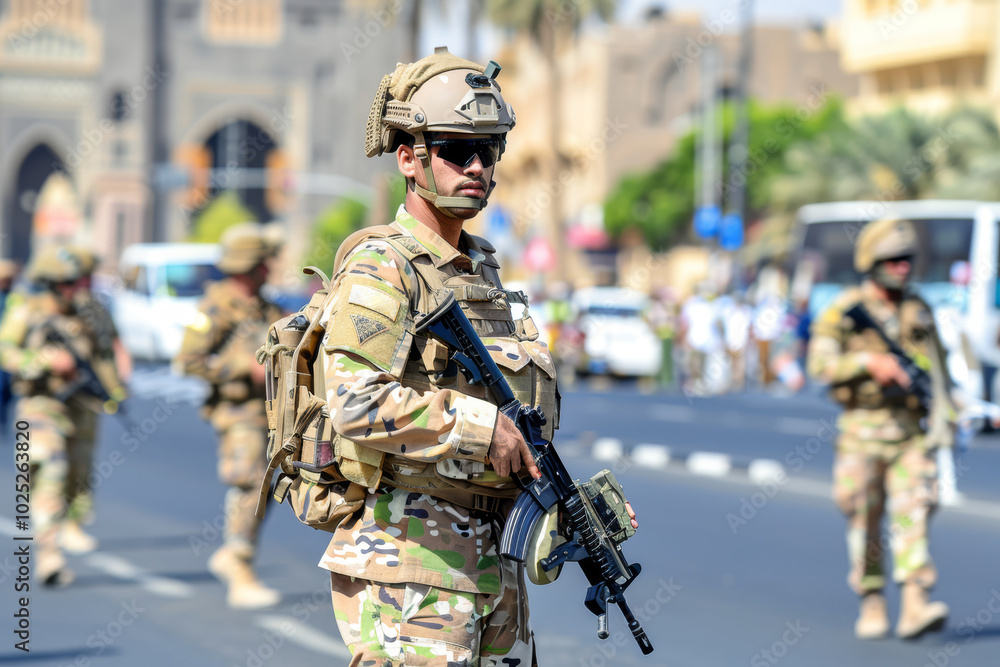 Army patrol on street. Military operation, protection of people concept. Army patrol on street. Military operation, protection of people concept.