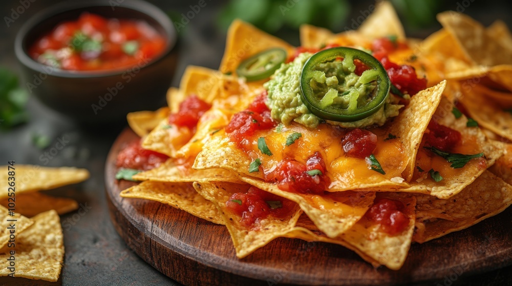 A delightful arrangement of nachos loaded with cheese, guacamole, and jalapeños, promising a spicy and savory culinary delight. A delightful arrangement of nachos loaded with cheese, guacamole, and jalapeños, promising a spicy and savory culinary delight.