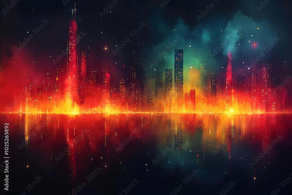 Naklejka premium A city skyline with a red and orange glow. The city is lit up at night, creating a warm and inviting atmosphere. The colors of the cityscape are vibrant and eye-catching