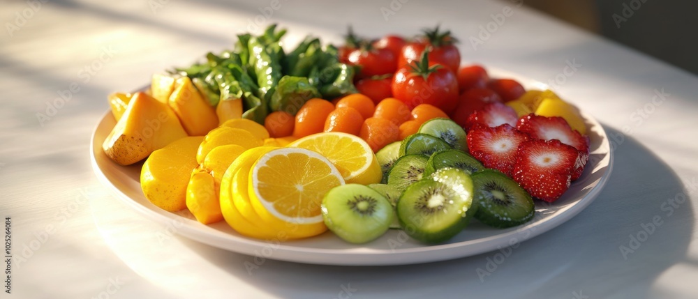A vibrant plate of fresh fruits arranged in a rainbow spectrum, showcasing the colors and textures of a healthy, refreshing snack. A vibrant plate of fresh fruits arranged in a rainbow spectrum, showcasing the colors and textures of a healthy, refreshing snack.
