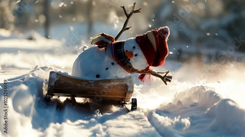 Playful funny snowman speeding downhill on a sled, scattering snowflakes in an energetic winter scene. Video made using Generative AI