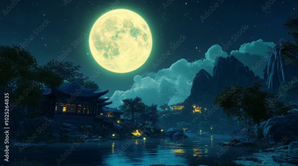 Naklejka premium Serene night scene featuring a large glowing moon. -