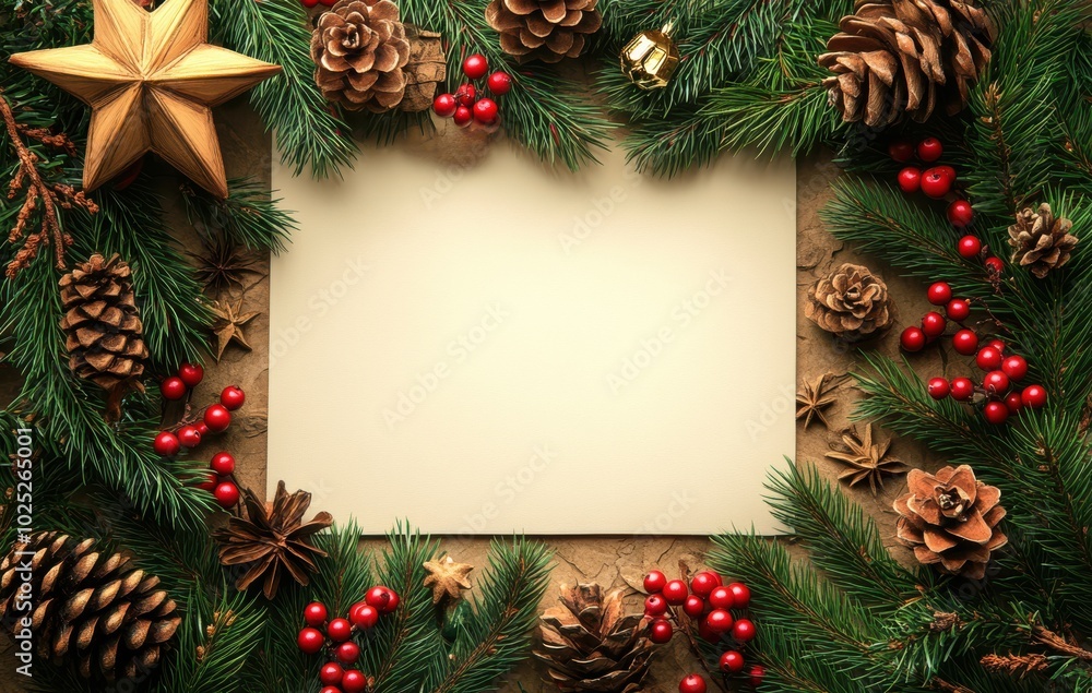 Festive Christmas blank paper surrounded by pinecones, berries, and evergreen branches for your holiday greetings Festive Christmas blank paper surrounded by pinecones, berries, and evergreen branches for your holiday greetings