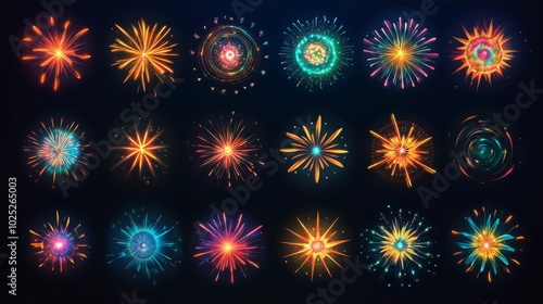 Set of fireworks icons for celebrations, new year parties, or winner posters. 