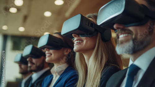 People engaged in virtual reality experience wearing headsets at a modern workspace during a collaborative session