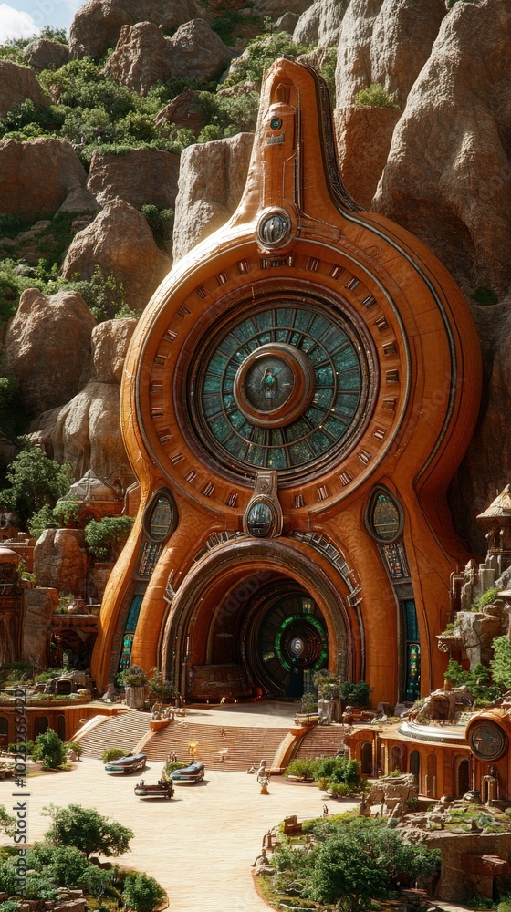 Fototapeta premium futuristic entrance door to a cave in the forest, adorned with artistic orange designs